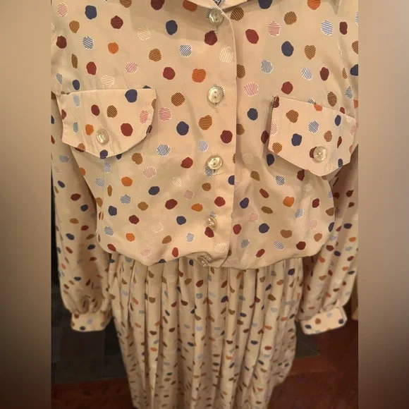 Vintage Leslie Fay Cream Tan Polkadot Long Sleeve Blouson Dress Union Made Sz 12 - Picture 2 of 10